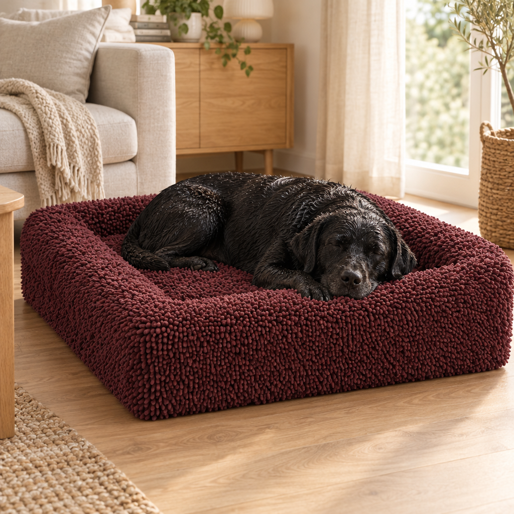 Natte labrador droogt op terwijl hij slaapt op de Towel Hoes Oxblood Red