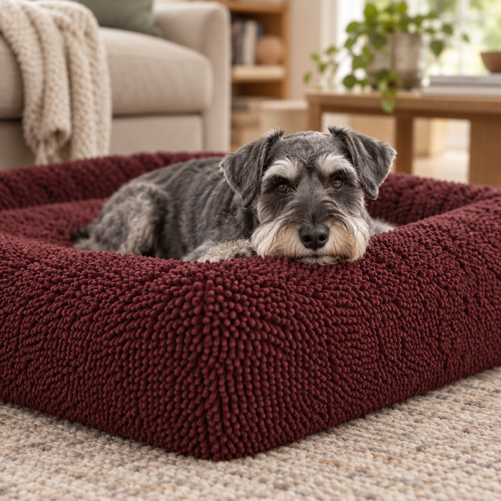 Dwergschnauzer legt zijn kop op de zachte rand van de Towel Hoes Oxblood Red