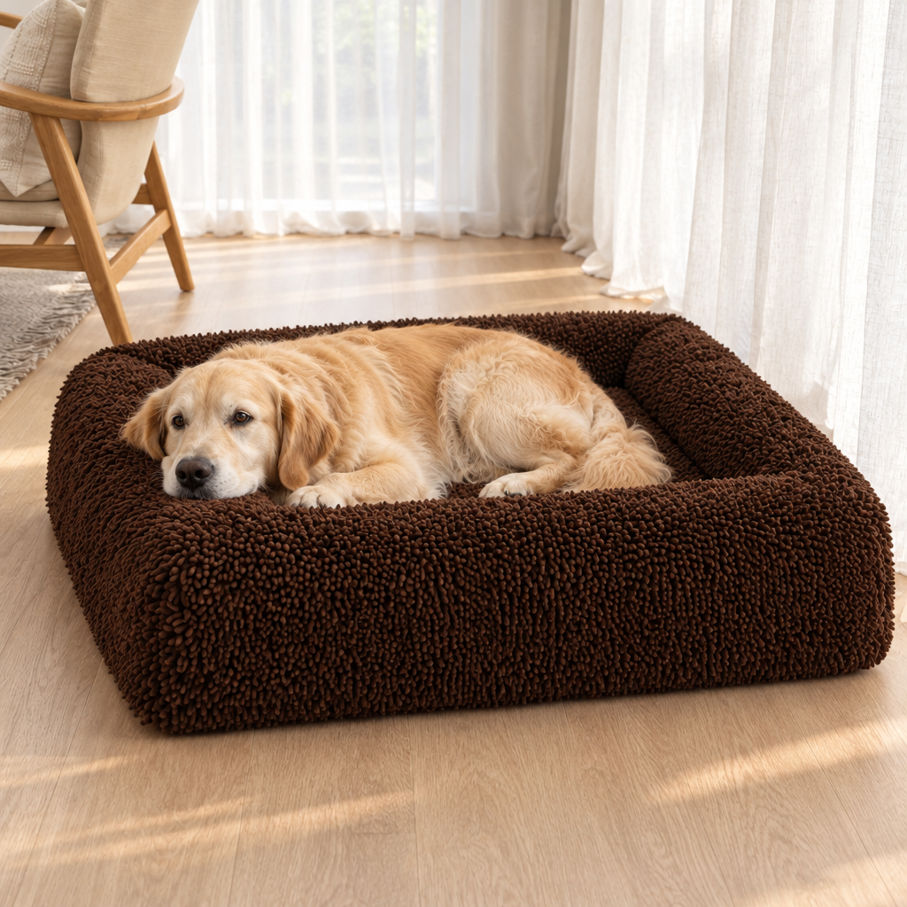 Golden retriever rust met zijn kop op de rand van de Towel Hoes Espresso